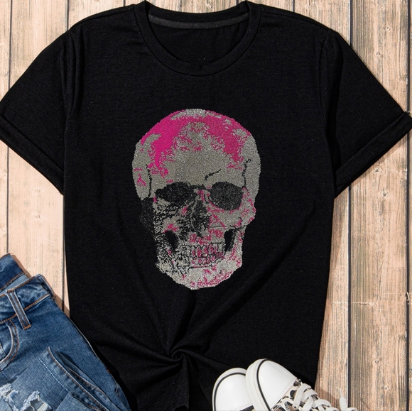 Rhinestone Encrusted Skeleton Shirt Bling Sparkling Short Sleeve Halloween Top - Picture 9 of 12